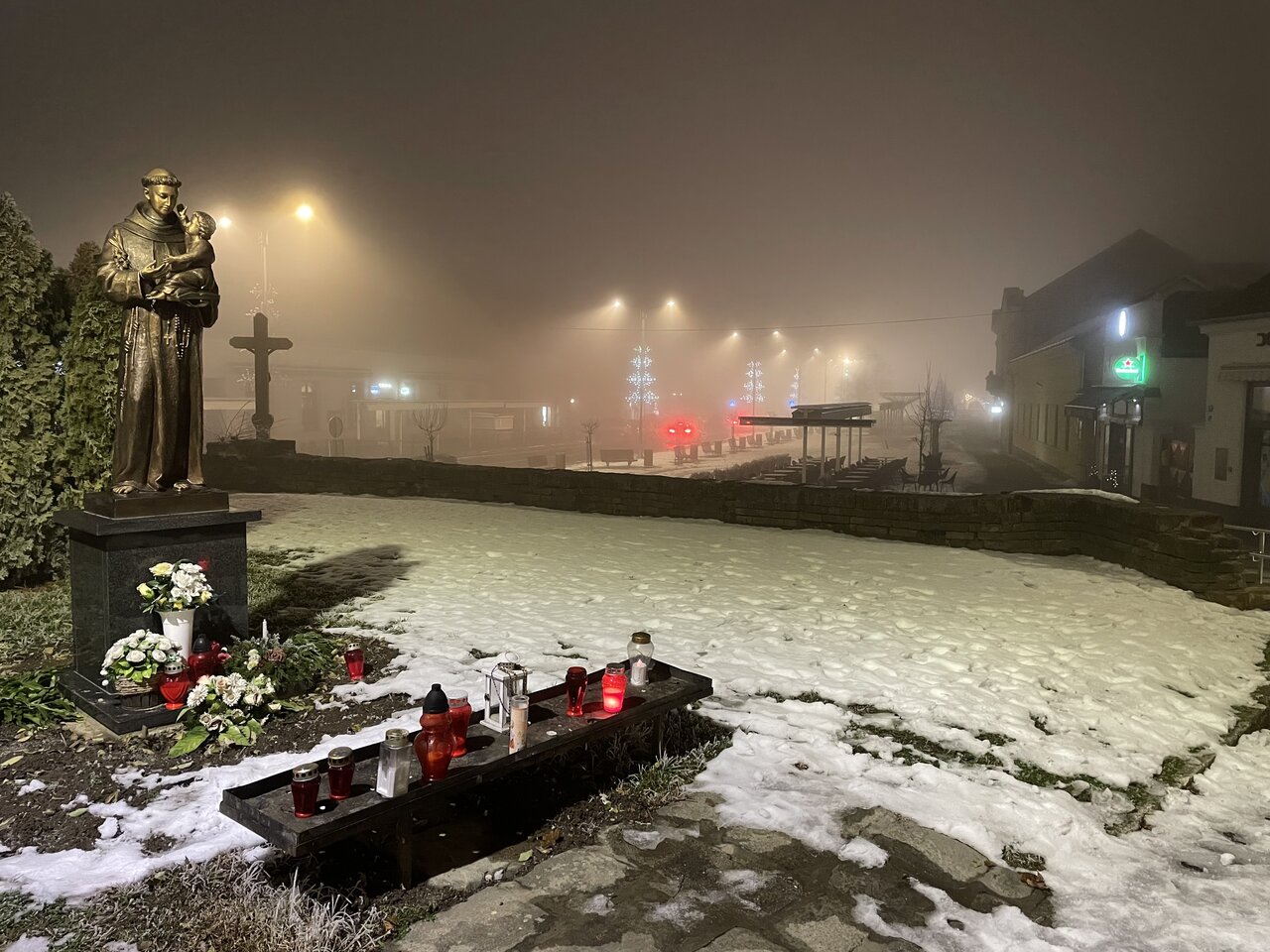 Foggy winter night in the town centre
